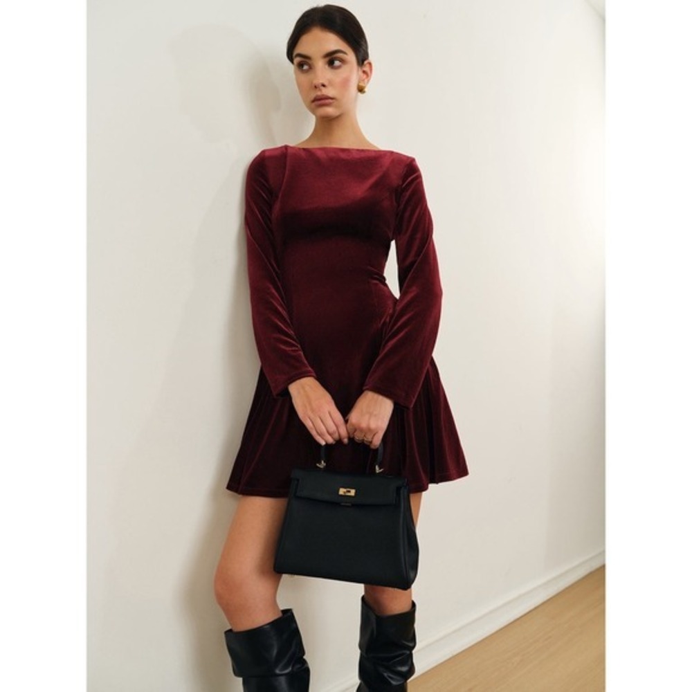 Commense Burgundy Velvet Long Sleeve Pleated Mini Dress Elegant Party Holiday M